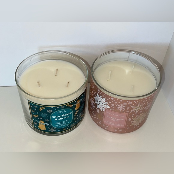 Bath and Body Works 3 Wick Candles Champagne Toast and Snowflakes & Citrus - Picture 2 of 4